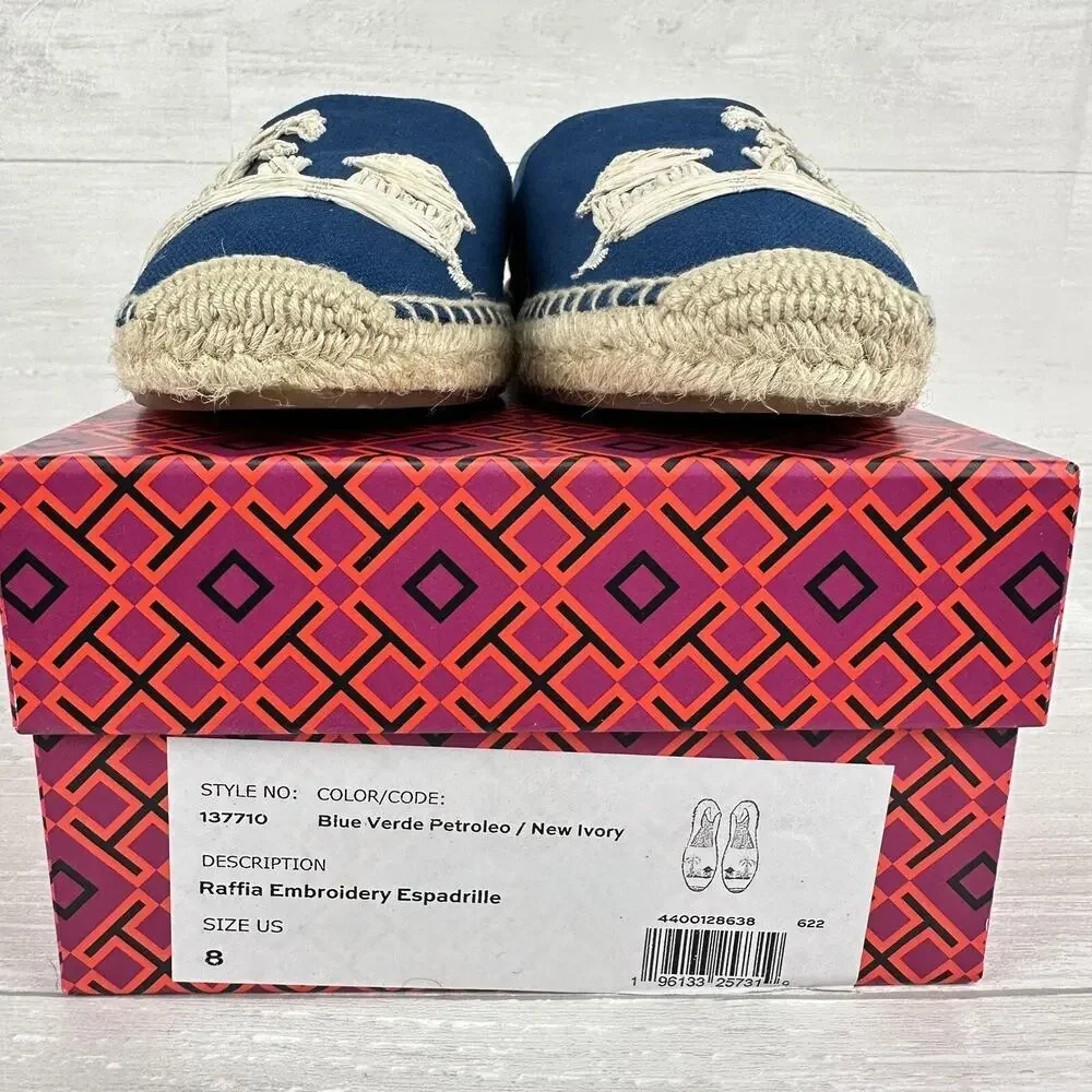 Tory Burch Flat Espadrille Size 8 Raffia‎ Embroidered Straw Blue Tropical Cruise